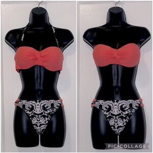 New Coral & Navy Floral Push Up 2 piece Convertible Bikini Swimsuit Suit Set, M